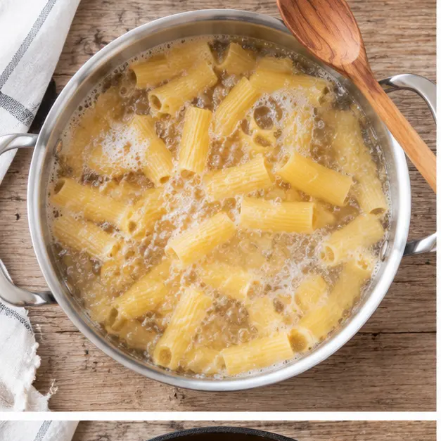Step 1: Boil dry rigatoni in heavily salted water until al dente