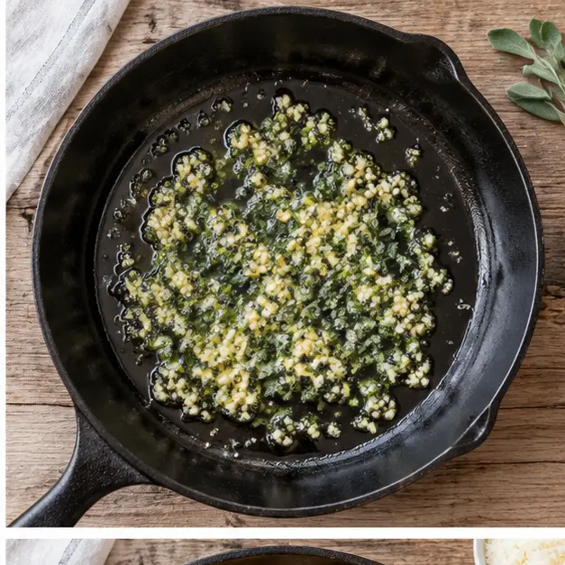 Step 2: Sizzle minced fresh sage and garlic in olive oil in a cast iron skillet