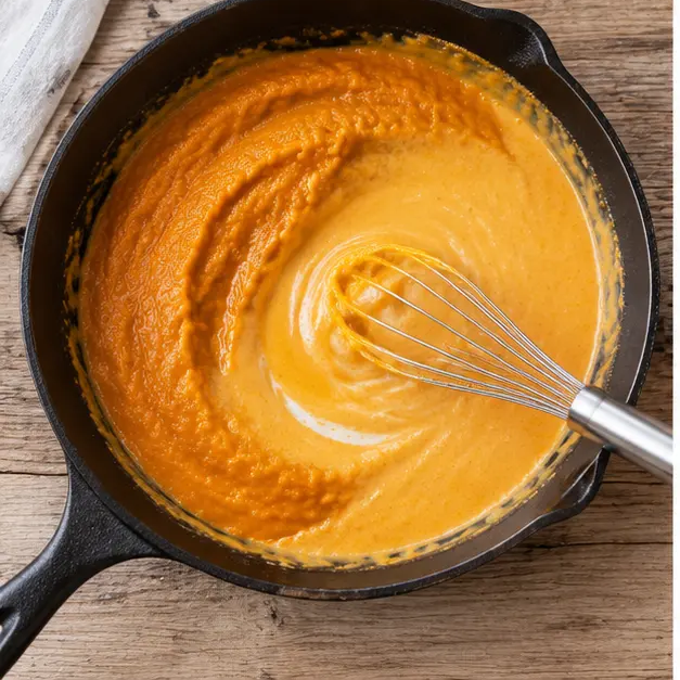 Step 3: Cook pumpkin puree down, then whisk in whole milk until smooth and glossy