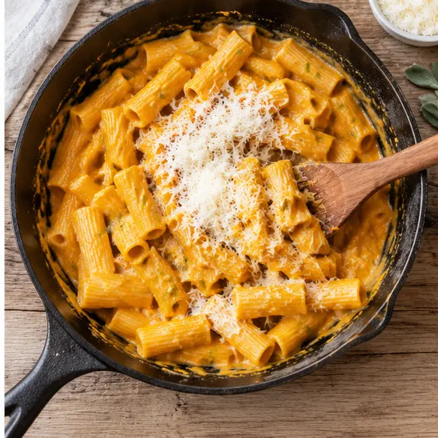 Step 4: Toss rigatoni with reserved pasta water and fold in Parmesan off the heat