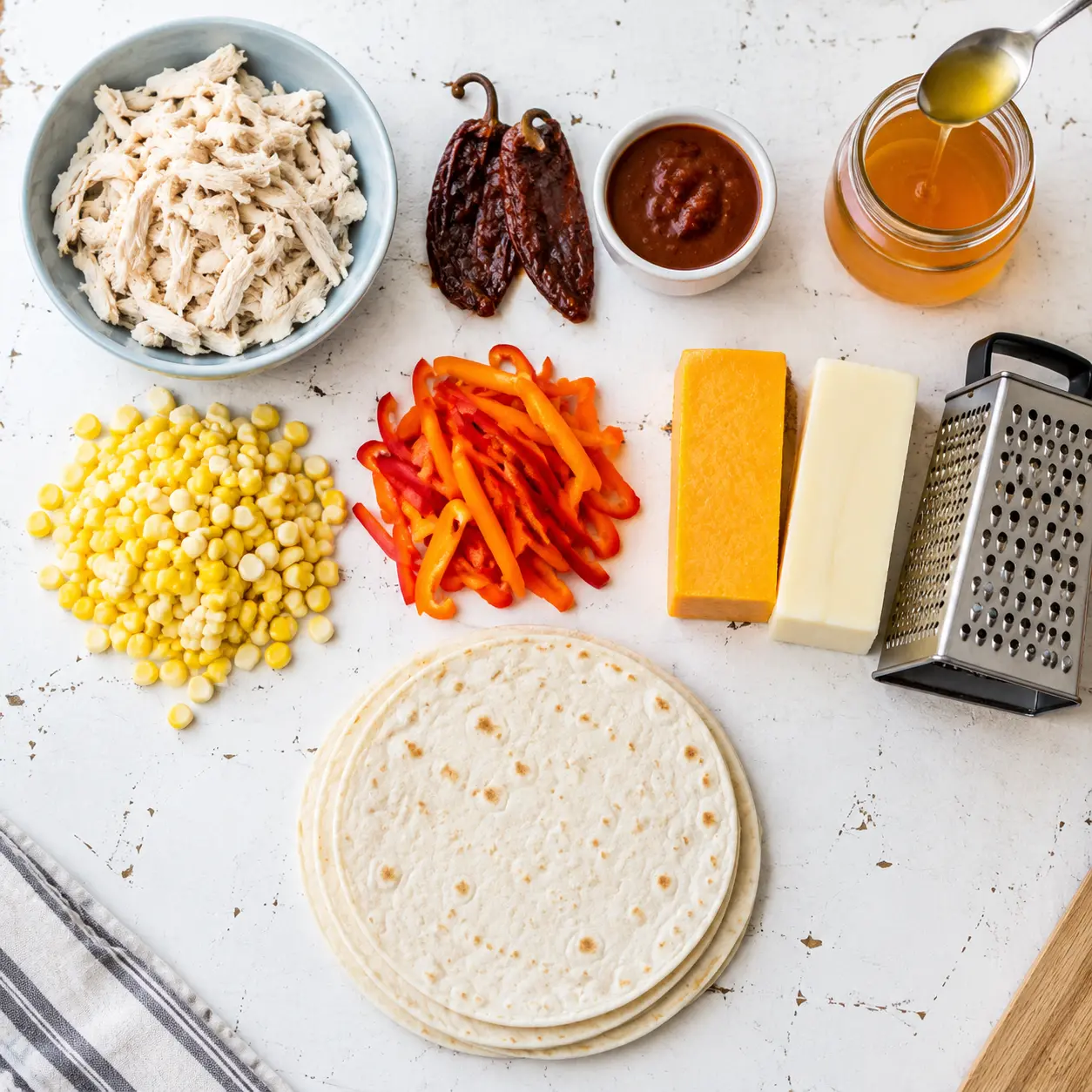 hot honey chicken quesadillas - main ingredients