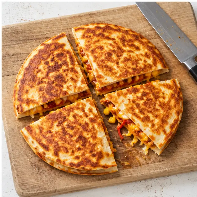 Step 4: Rest the deeply golden quesadilla briefly on a cutting board and slice into triangular wedges for serving