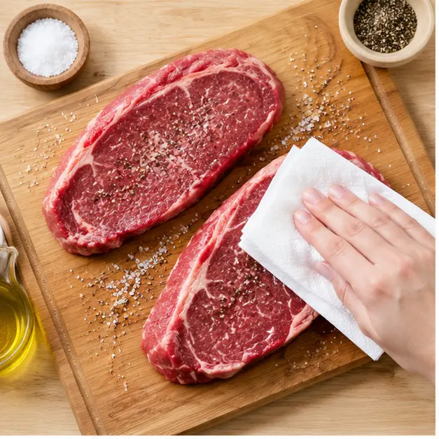 Step 1: Pat raw sirloin steaks dry and season both sides with coarse salt and black pepper