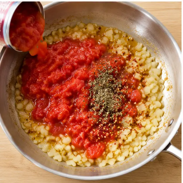 Step 3: Soften onion and garlic, then add broth, diced tomatoes, and oregano to build the sauce