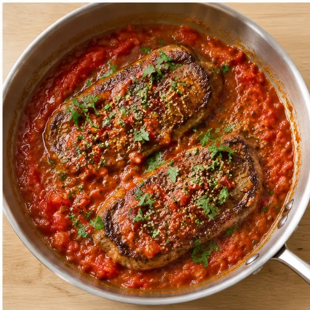 Step 4: Return steaks to the simmering sauce to warm through, then scatter parsley on top