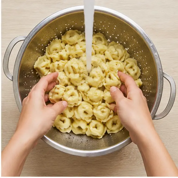 Step 2: rinse cooked cheese tortellini pasta under cold running water in a stainless colander