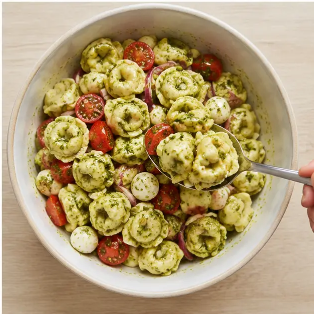 Step 4: fold glossy basil pesto, halved cherry tomatoes, small white mozzarella pearls and sliced red onion through the tortellini with a large spoon