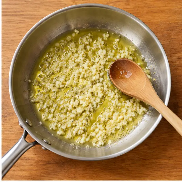 Step 2: Adding finely minced garlic to the warm oil and stirring until fragrant but not browned