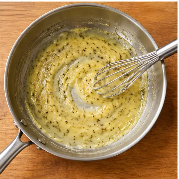 Step 3: Whisking flour, oregano, pepper, and salt into the garlic oil to form a smooth paste