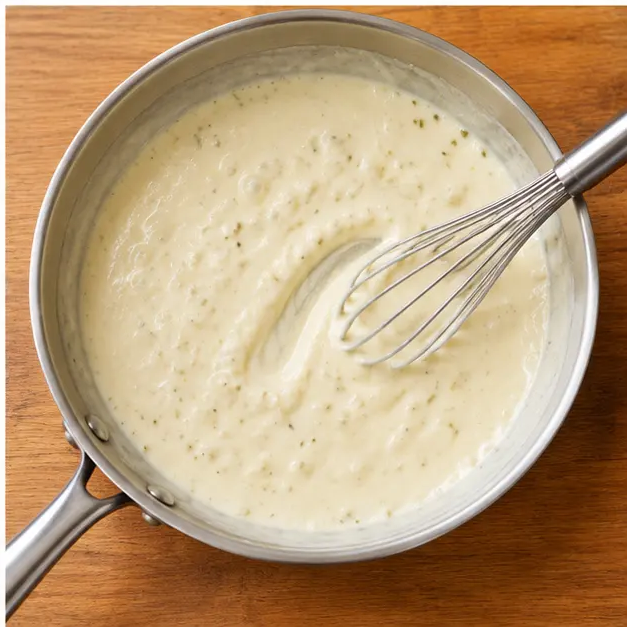 Step 4: Pouring in half-and-half and whisking until the sauce bubbles and thickens